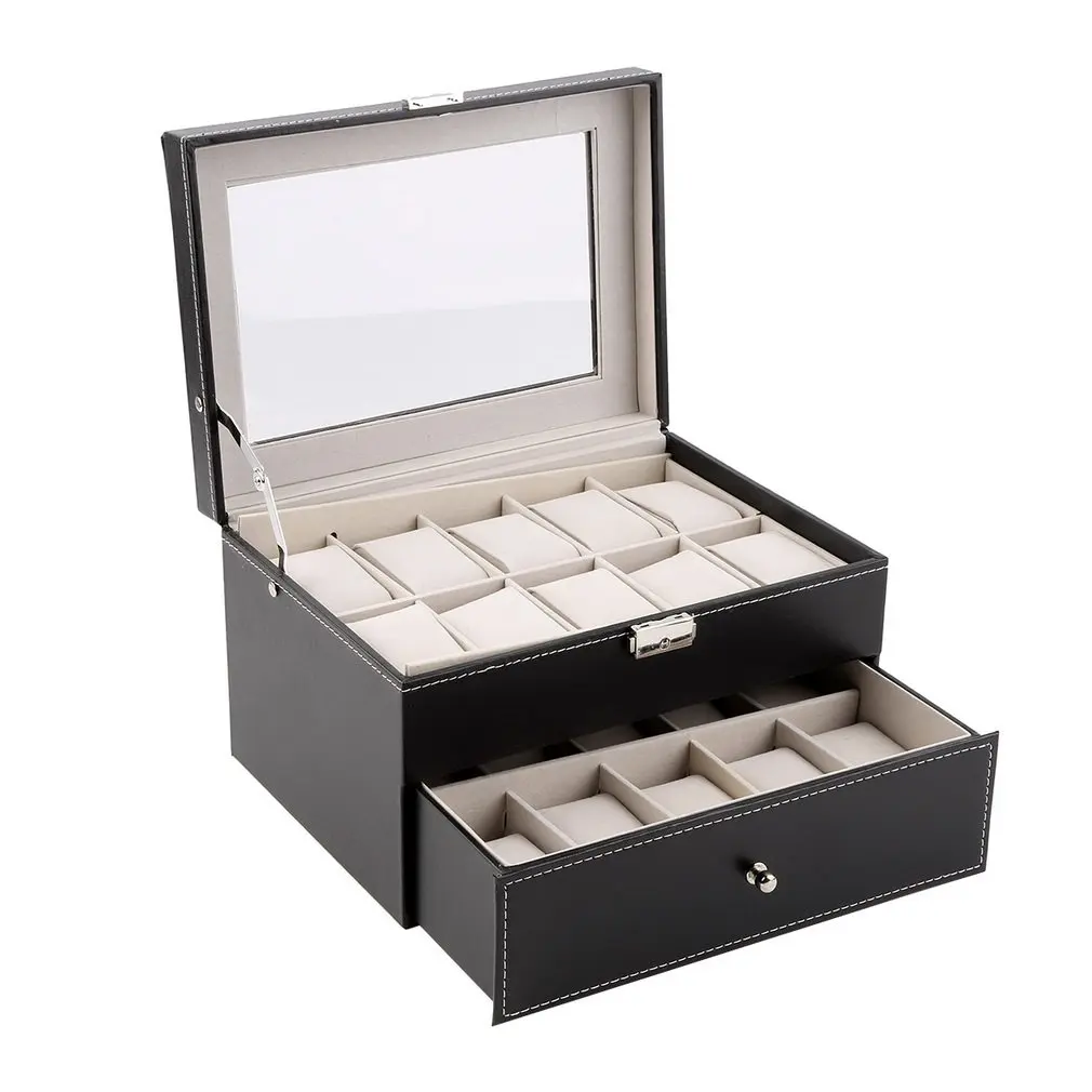 

Double Layer 20 Grids Watches Jewelry Organizer Watch Display Storage Box Case PU Leather Square Jewelry Case Container 2019