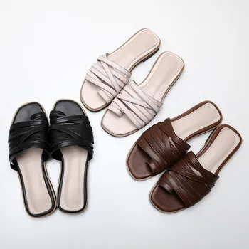 

100% Real leather Women Flat Slippers summer shoes woman Mules Brand Designers 2020 Fashion Luxury Slides Loafers Mules