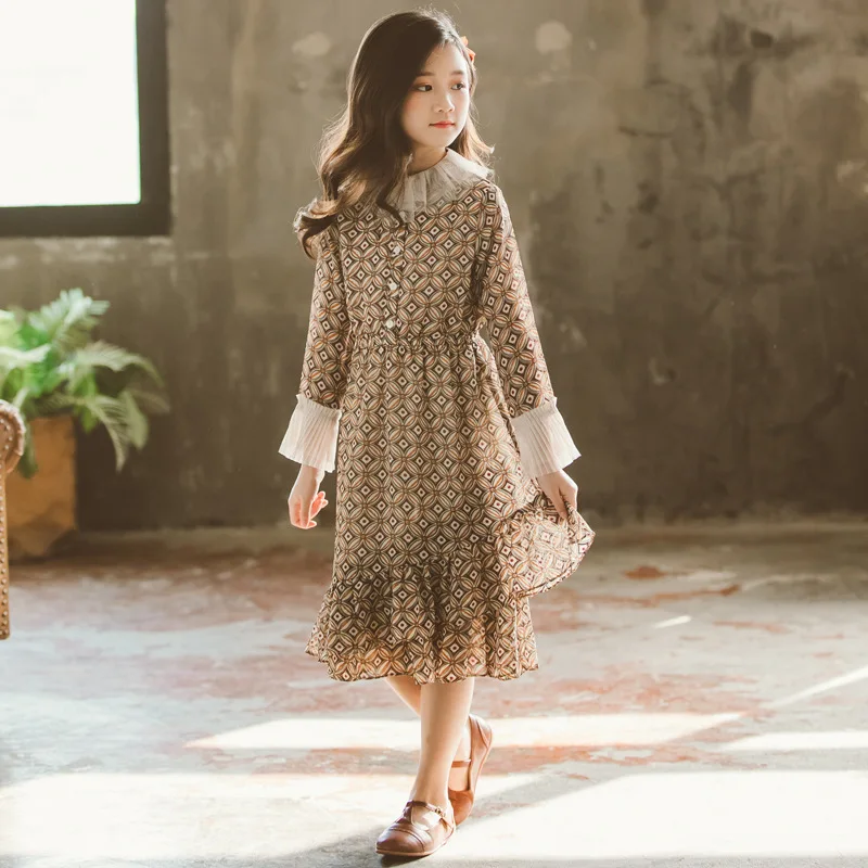 

Spring Girls Dress Korean-style Big Boy Printed Chiffon Pleated Gauze Joint Irregular Hem Dress 6510