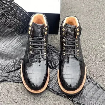 

Authentic Exotic True Crocodile Skin Men's Ankle Winter Boots Genuine Real Alligator Leather Male Black High-lift Lace-up Shoes