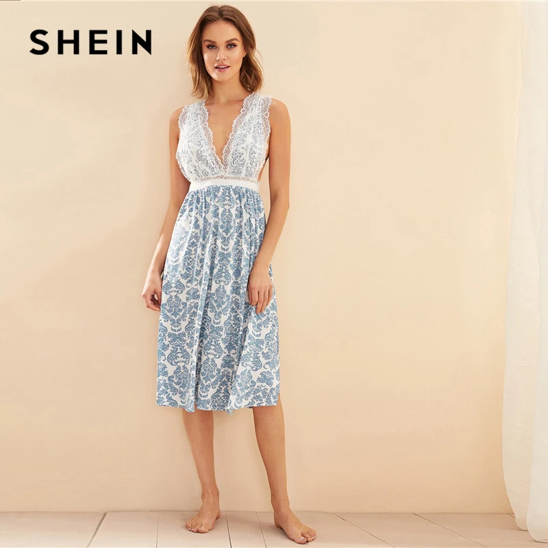 SHEIN Blue Damask печати ресниц Цветочные кружевное нижнее белье для женщин сплит подол Осень Глубокий v-образный вырез сексуальное ночное белье Ночная рубашка