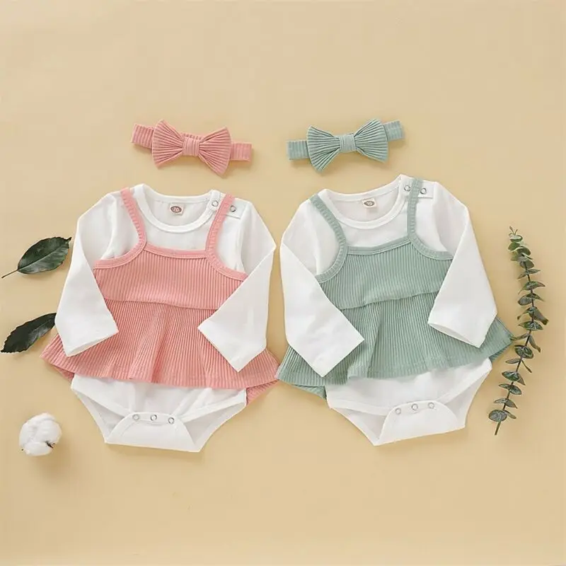 

3PCS Newborn Baby Girl Clothes Solid Long Sleeve Romper Jumpsuit Sunsuit Playsuit+Mini Sling Dress Vest+Headwear Outfit Clothes