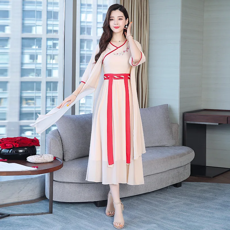 

2019 Spring And Summer New Style WOMEN'S Dress National Wind Retro Chiffon Cardigan Embroidery Two-Piece Set Online Celebrity El