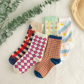 

Sweet Woman Sock Ladies Thin Socks Grid Stars for Women Colorful Style Long Sox Female Cotton Soft Trendy Spring Autumn Sokken