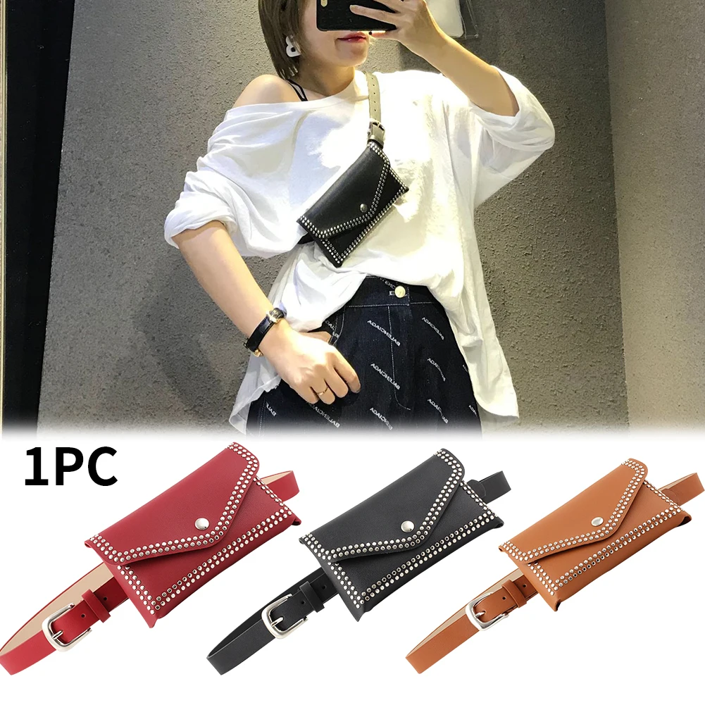 Women Multipurpose Accessories Solid PU Leather Casual Fashion Lady Mobile Phone Pouch Gift Crossbody Messenger Rivet Waist Bag
