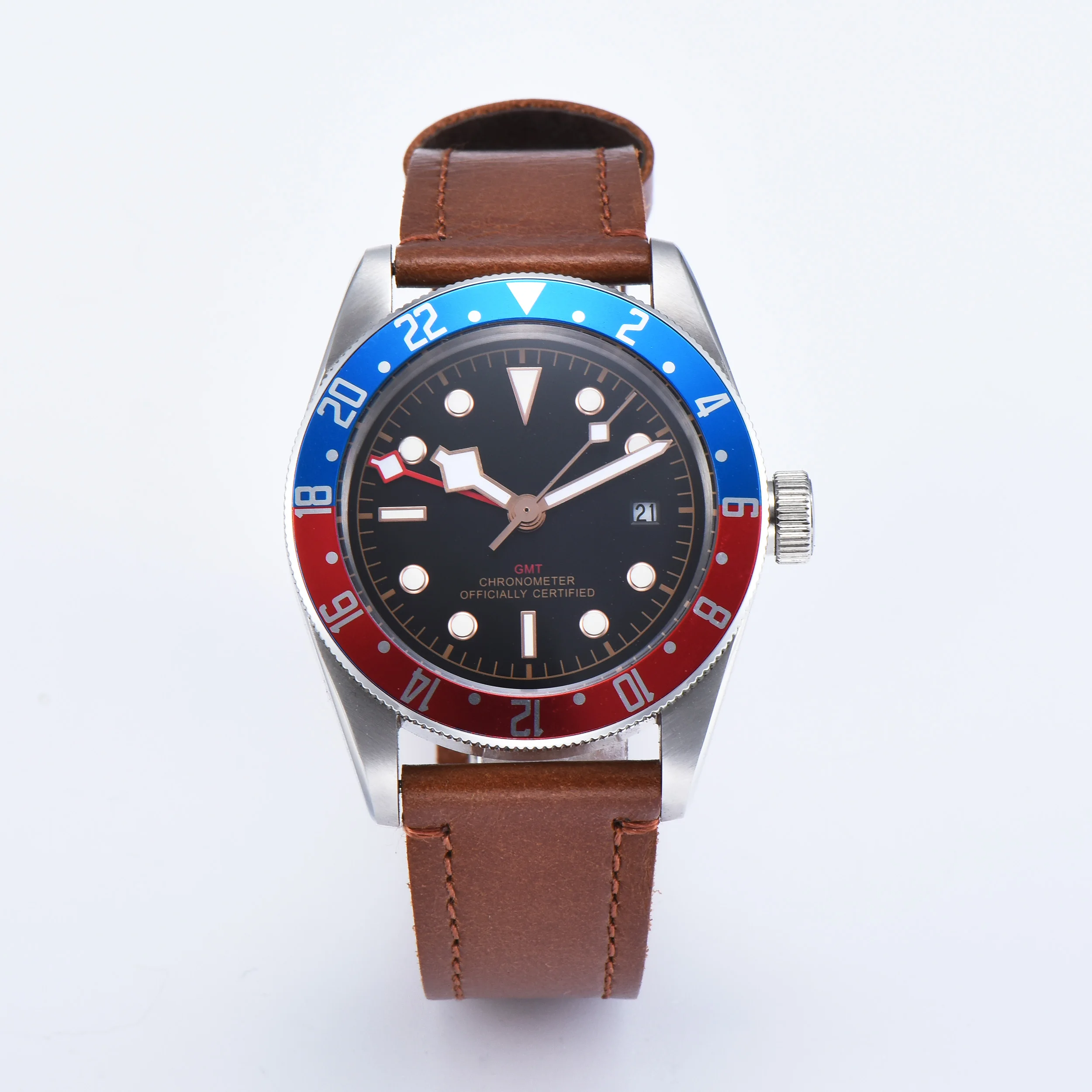 Corgeut 41 мм GMT часы черный циферблат Bay черный и красный ободок кожа механические мужские часы с автоматическим подзаводом