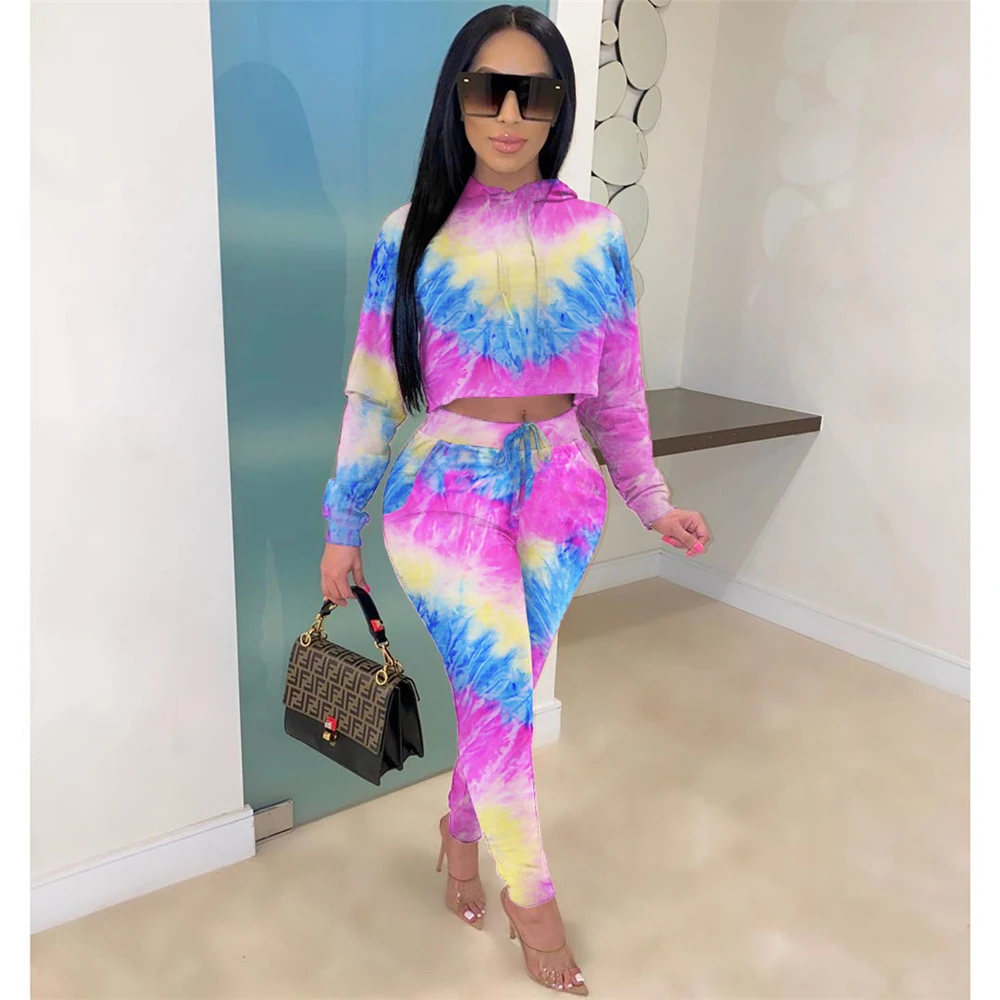 Tsuretobe Tie Dye 2 Piece Set Women Fall Clothes For Hooded Crop Top Pencil Pants Fashion Tracksuit 2020 Camo Club Outfits |