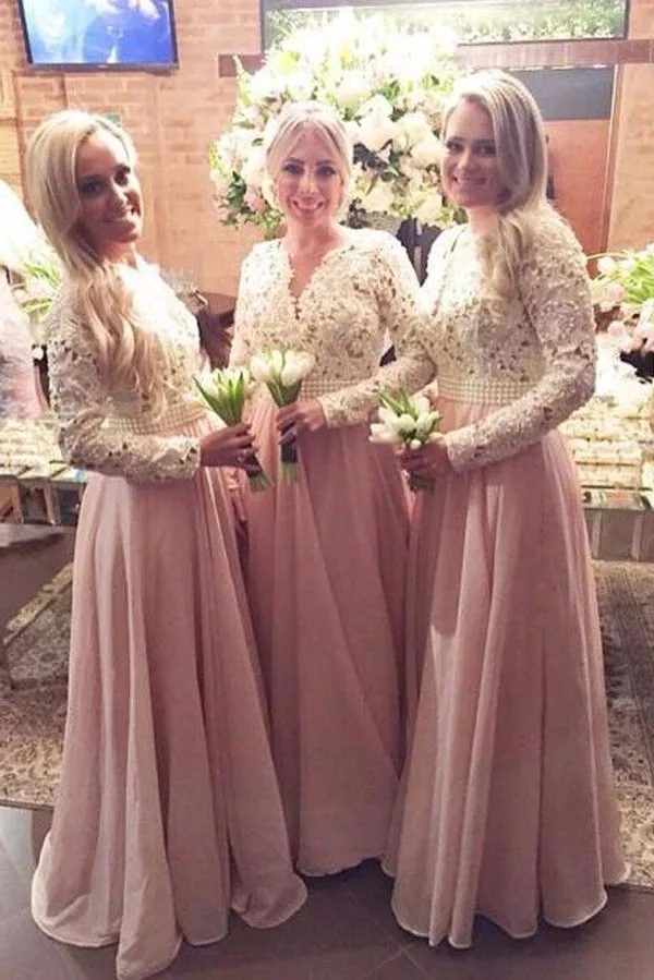 

Pink Bridesmaid Dresses Vintage Lace Long Sleeves Dress For Wedding Guests&Party Peals Sash robe demoiselle d'honneur