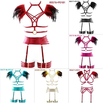 

Feather Epaulettes Gothic Steampunk Shoulder Wings Festival Wedding Halloween Full Body Harness Set Sexy lingerie for women