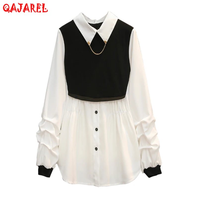 

2023 New Korean Vintage Solid Blouses Spring Autumn Fake Two Piece Long Sleeve Women Shirts Elegant Bodycon Office Shirts tops