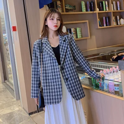 2020 Autumn Female Korean Retro Business Chic Suit Coat Plaid Office Lady Blazer Feminino Women Jacket Suit Grey Casual Clothes
