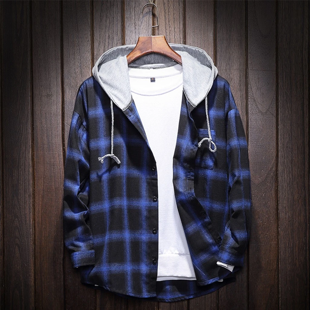 Fashion Pria Kemeja Kotak Kotak Kasual Slim Lengan Panjang Blus Bertudung Patchwork Warna Solid Serut Topi Pria Diperiksa Kemeja Kemeja Kasual Aliexpress