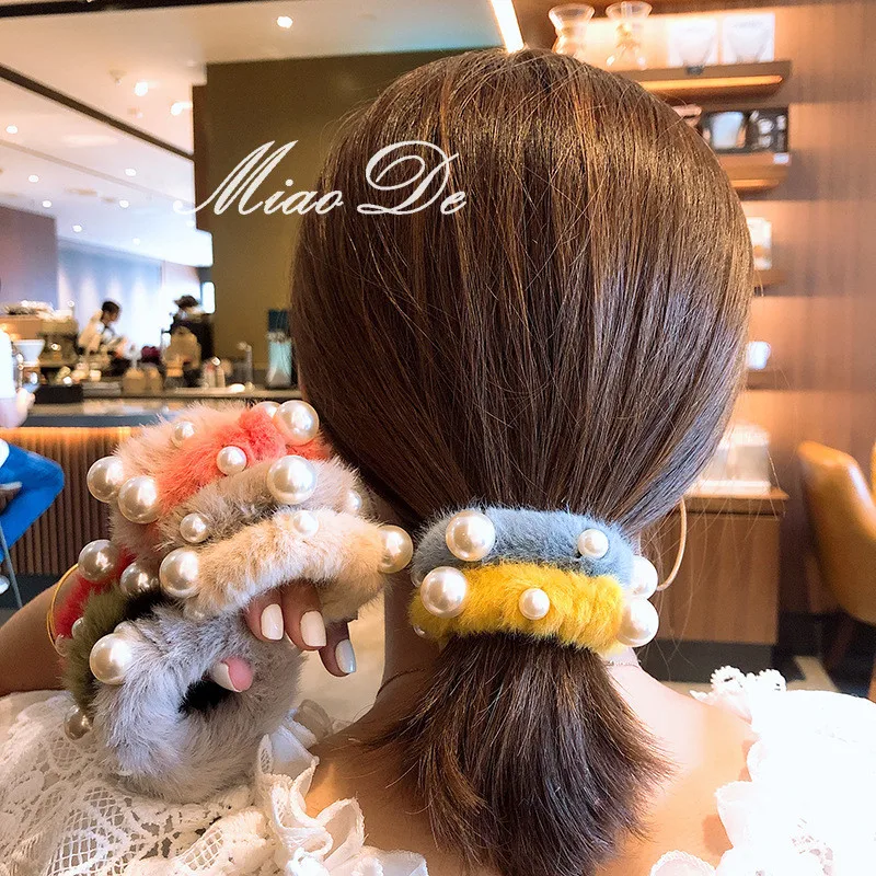 

Fashion Women Pearls Hair Ties Solid Imitation Mink Fur Hair Scrunchies Bands Ponytail Holder Winter Girls Elastic Hair Bands