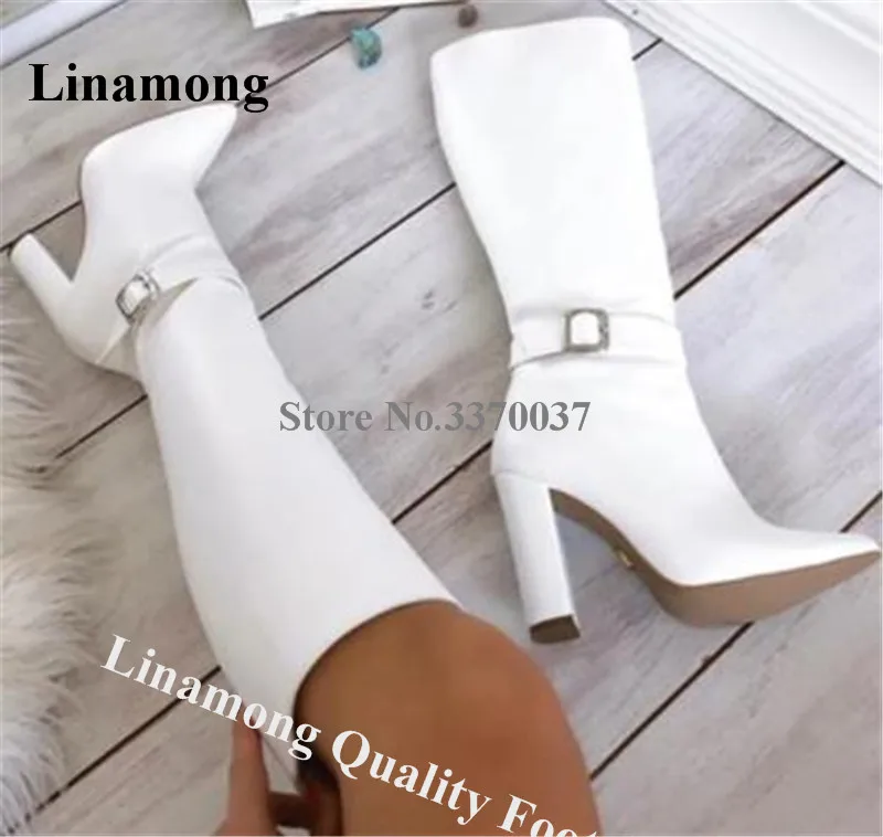 Linamong Elegant Pointed Toe Chunky Heel Knee High Boots White Black