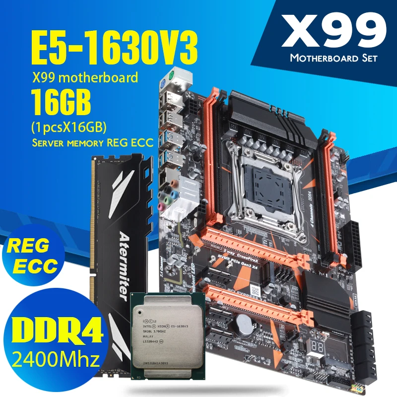 Комплект материнской платы atermiter X99 D4 с Xeon E5 1630 V3 LGA2011 3 ЦПУ 1 шт. X 16 ГБ = Гб 2400 МГц REG ECC