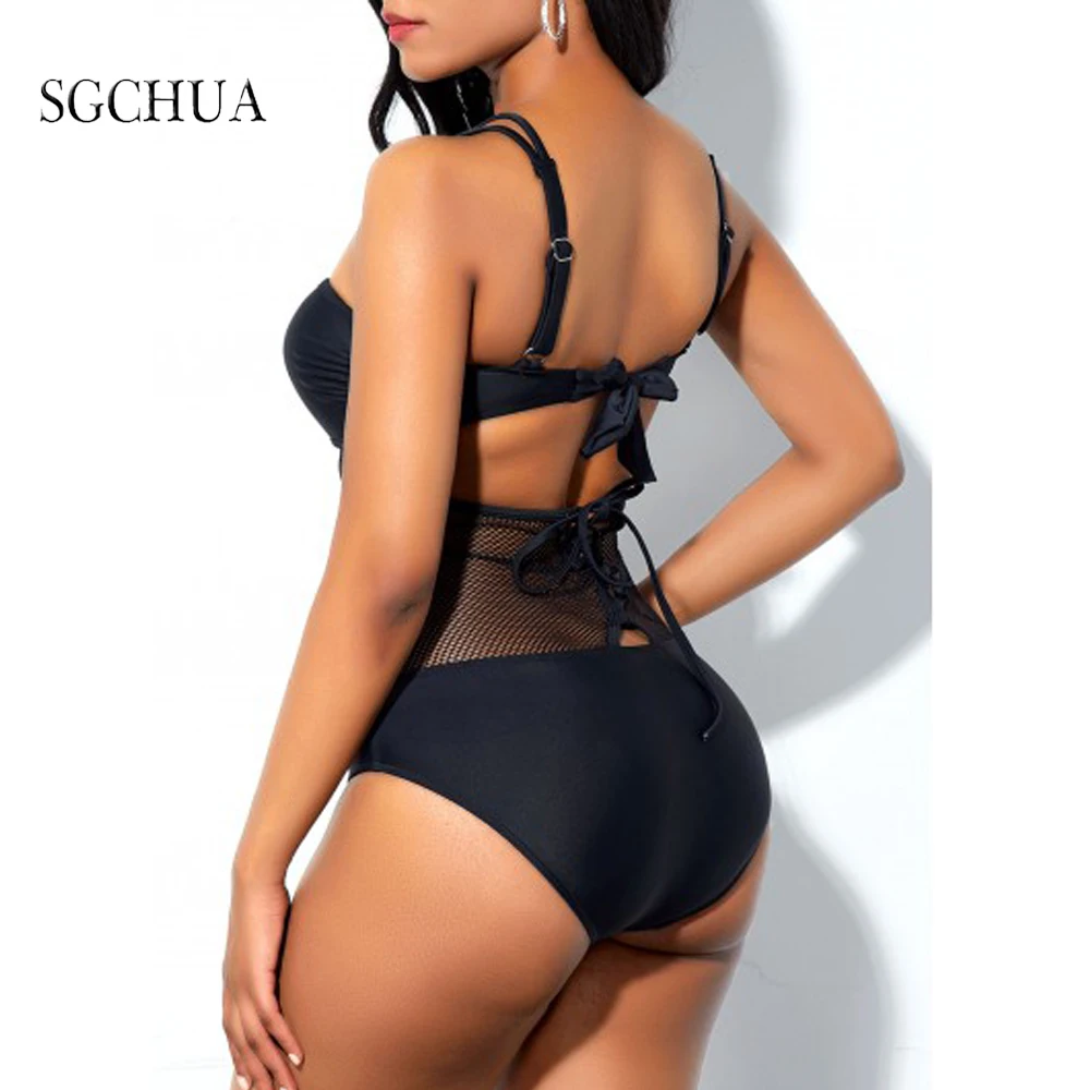 SGCHUA 2020 New Sexy Black Lace One Piece Swimsuit Women Solid Mesh Plus Size XXL Swimwear See Through Beach Shape Bathing Suit