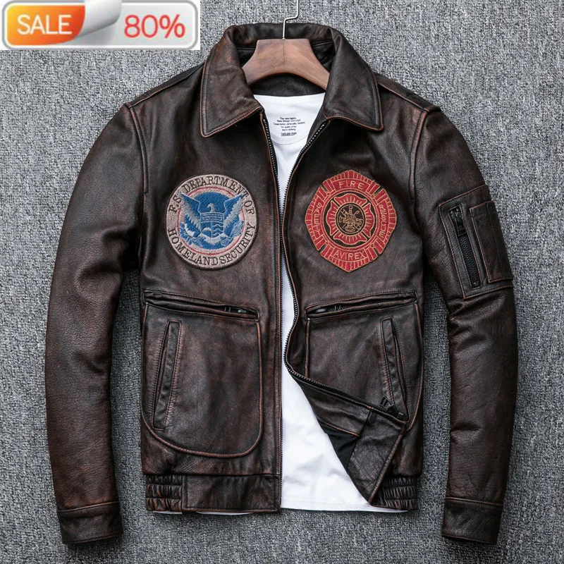 

Vintage Genuine Real Cow Leather Flight Jacket Spring Autumn Coat for Men Casual Cowhide Jackets B22299
