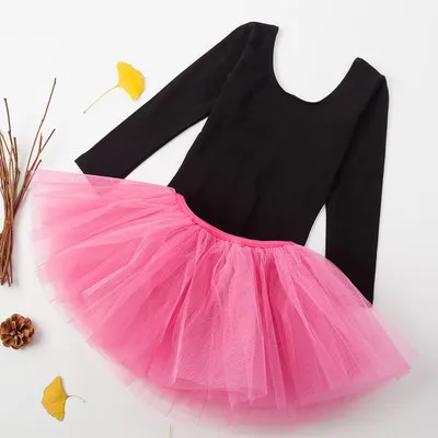 Black Lt pink Детское хлопковое гимнастическое трико с длинными рукавами, балетное танцевальное платье танцевальная одежда для девушек с балетной юбкой-пачкой гимнастическое платье - Цвет: Black Lt pink
