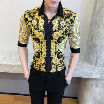 

Luxury Golden Print Shirt Men Half Sleeve Streetwear Social Dress Shirts Casual Slim Fit Nightclub Party Tuxedo Clothing Camisa
