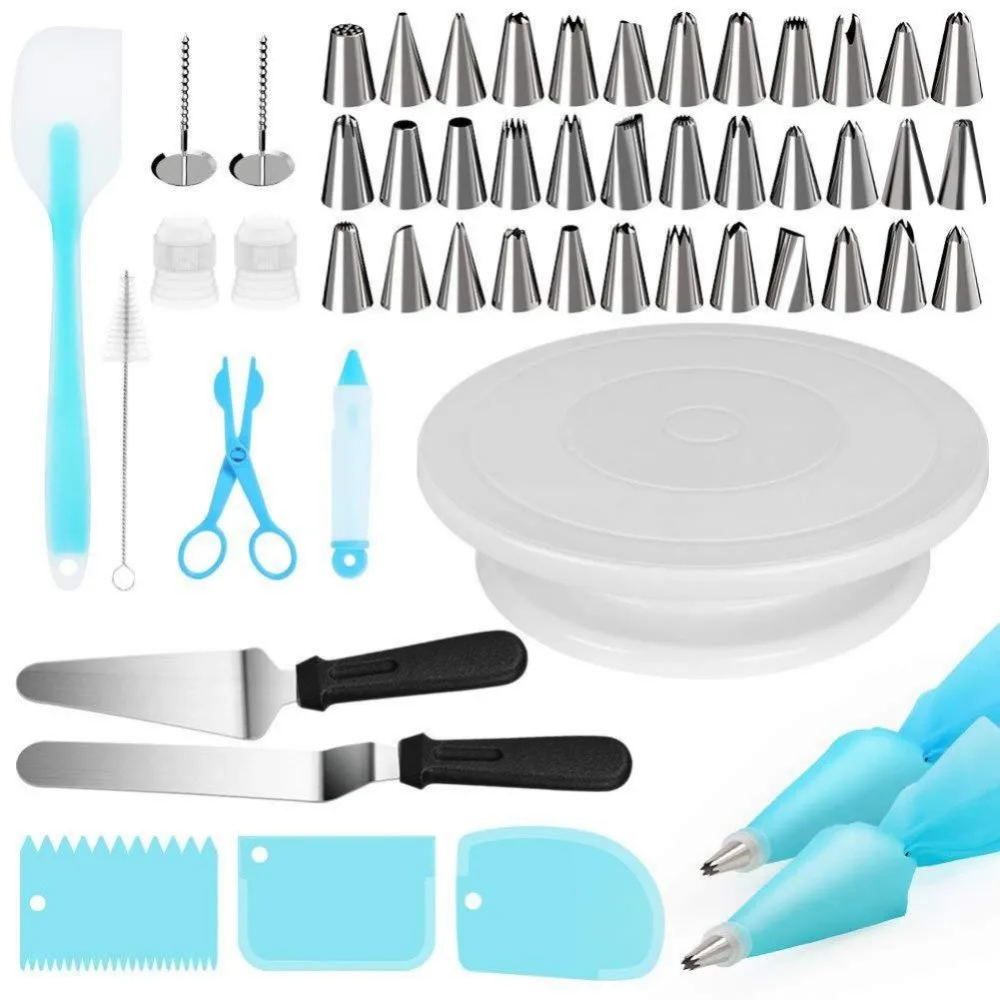 

2020 52pc Cake Decorating Kit Supplies with Turntable Stands, Icing Tips, Reusable Pastry Bags, Icing Smoother Spatula Piping No