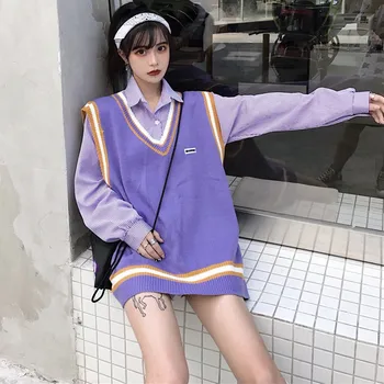 

2019 new arrival Fashion chic port wind loose knit vest Casual girl sweater Elegant and lovely jumper