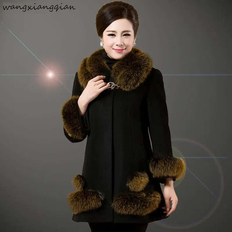 Winter Woolen Jacket Women Fashion Fur Collar High Quality Woolen Coat Middle-aged Mother Clothes Plus Size 5XL A523 - Цвет: Black