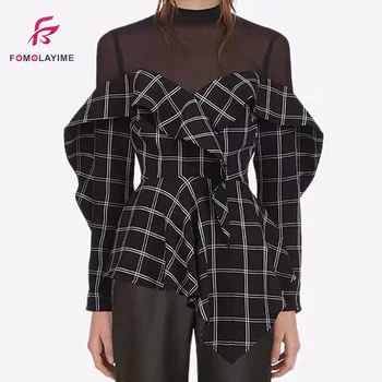

2020 Spring and summer High-quality Women's Tops Mesh Yarn Splice Irregular Hem Falbala Slim Waist Temperament T-shirts