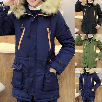 

Winter Men Color Block Plush Long Sleeve Hooded Midi Coat Quilted Jacket