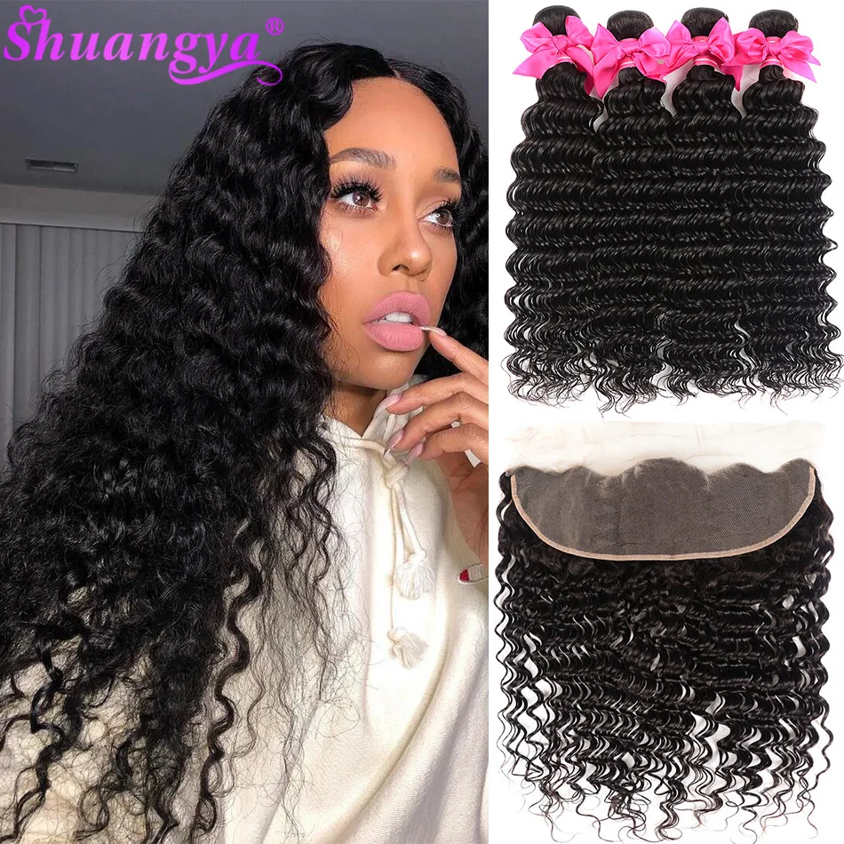 

Brazilian Deep Wave Bundles With Frontal 100% Human Hair 3/4 Bundles With Frontal Remy Frontal With Bundles Shuangya Hair