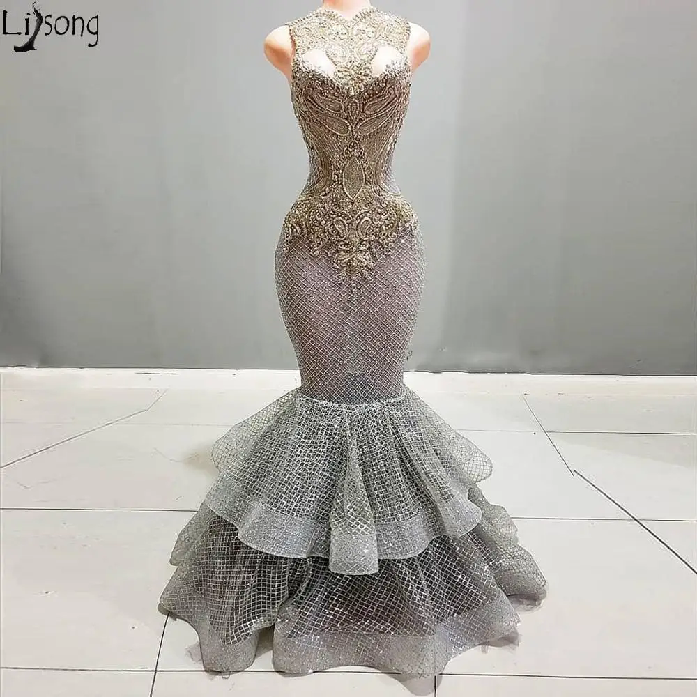 Арабское вечернее платье Aso Ebi серебристое роскошное кружевное с блестящими