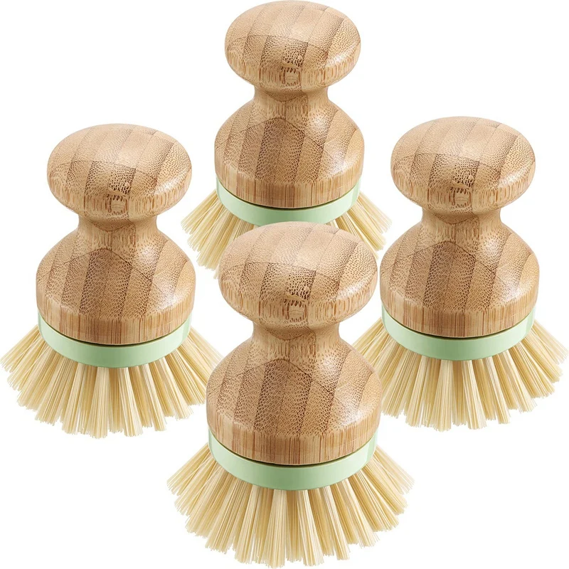 4 Pieces Bamboo Mini Scrub Brush Coconut Bristles Pot Brushes Dish