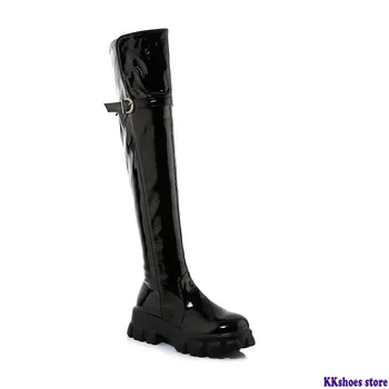 

2020 Large size 33-46 winter keep warm over the knee boots fashion patent leather buckle black color women boots