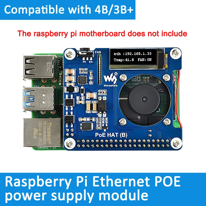For Raspberry Pi 4B/3B+POE Power Over Ethernet Module Onboard Fan Expansion Board 802.3af Network Standard | Электронные