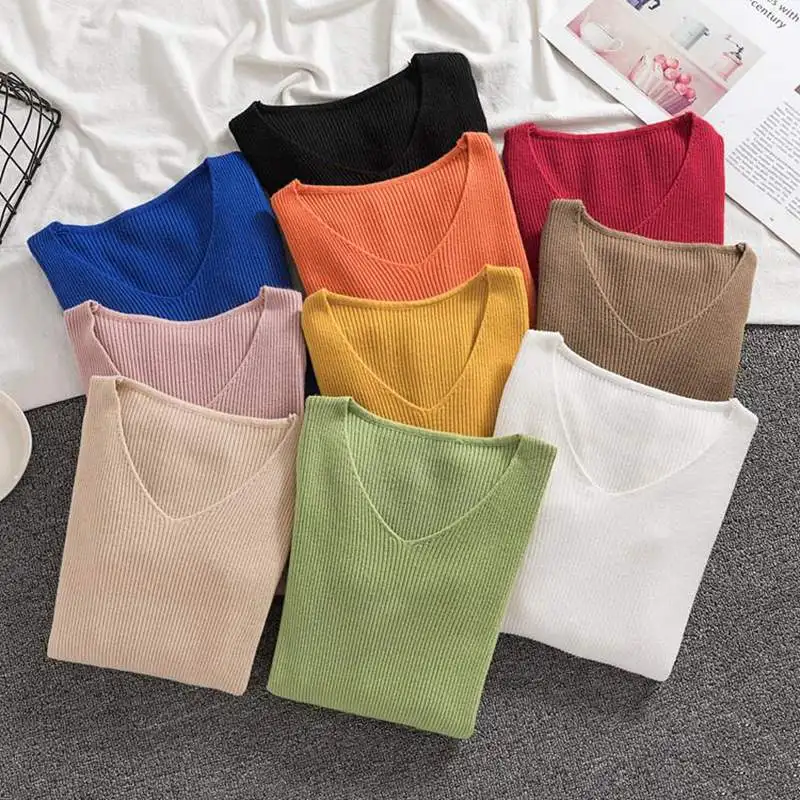 

Autumn Women Clothes 2020 Korean Fashion Tight Elastic Knitwear Women Pullover V Neck sweater T Shirts For Women White Top