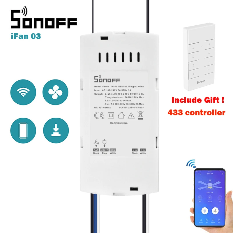 

SONOFF iFan03 Wi-Fi Ceiling Fan And Light Controller support a 433mhz RF Remote control by App ewelink