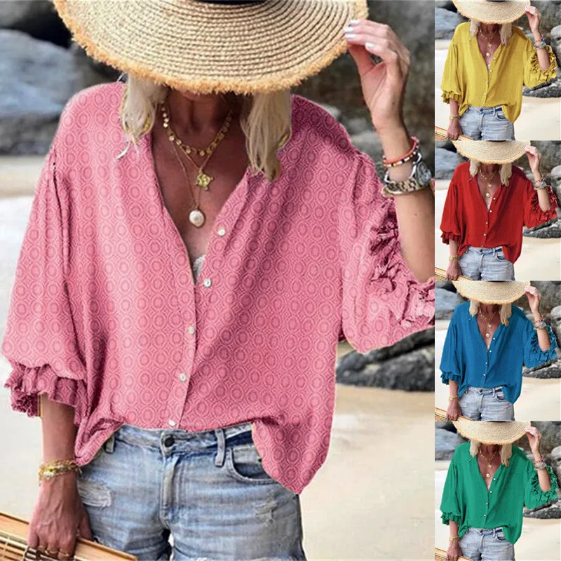 

5 Colors Women Autumn Polka Dot Printed Lantern Sleeve V Neck Loose Plus Size OL Style Blouse