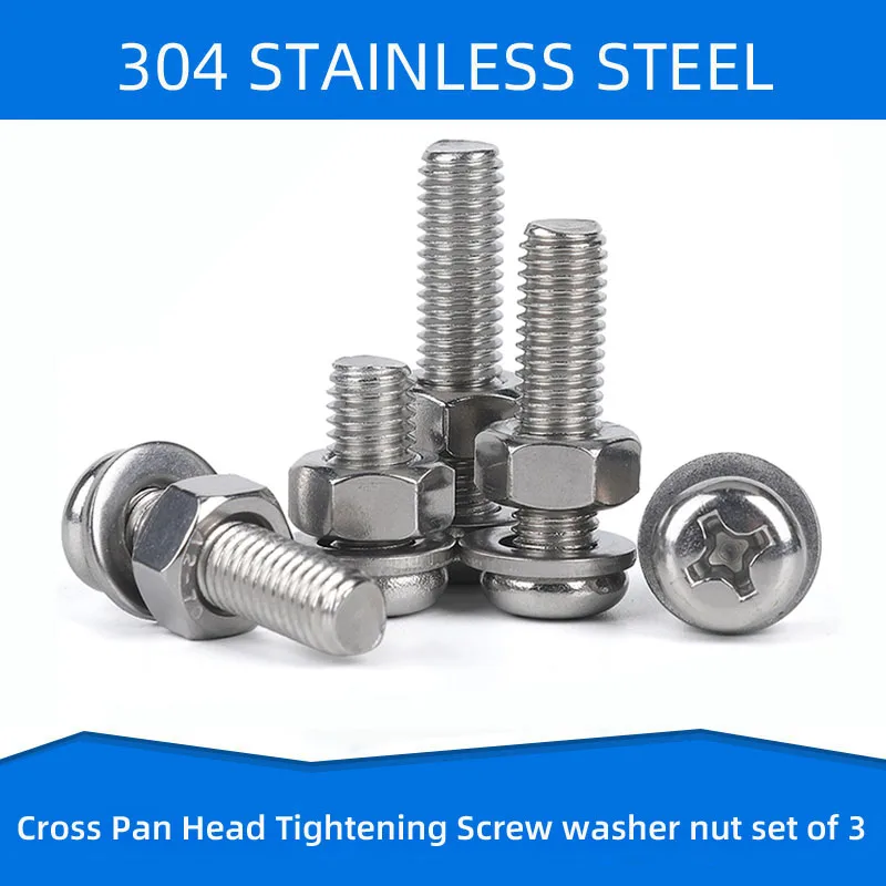 

304 Stainless Steel Cross Round Pan Screw with Flat Washer Nut Phillips Screws set of 3 Bolt M2 M2.5 M3 M4 M5