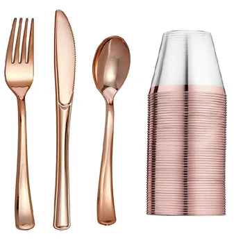 

25pcs Rose Gold Tableware set Disposable Plastic Forks Spoons Knifes Drink Cups Wedding Party Home Decorations Christmas Gift