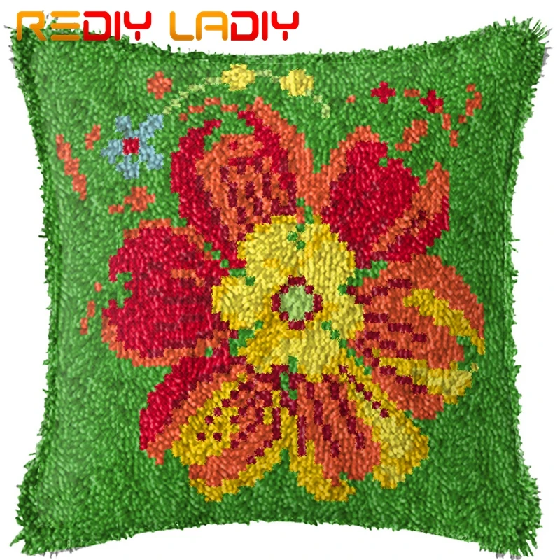 Latch Hook Cushion Red Daisy Flowers Pillow Case Printed Color Canvas Acrylic Yarn Latched Sofa Pillow Crochet Cushion Cover Kit
