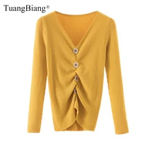^#Cheap Pleated Irregular Deep V-Neck Pullovers Ladies 2019 New Sweater knit elasticity Long Sleeve Women Sweater Button decoration Tops ^#Cheap Pleated Irregular Deep V-Neck Pullovers Ladies 2019 New Sweater knit elasticity Long Sleeve Women Sweater Button decoration Tops