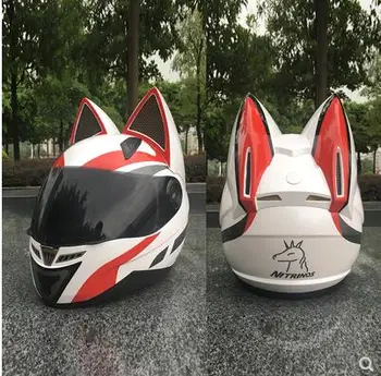

Lovely cat White red helmet ears automobile race antifog full face helmet capacete motorb casco motorcycle helmet full face mask