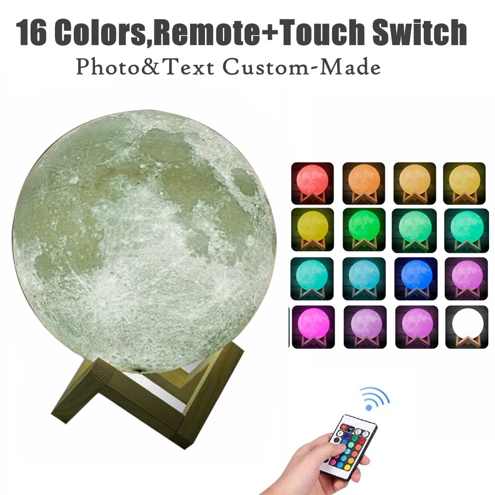16 colors Remote Фото на заказ индивидуальная 3D печать Лунная лампа Изменение цвета лунный USB Перезаряжаемый ночник сенсорный/Удаленный лунный свет - Цвет: 16 colors Remote