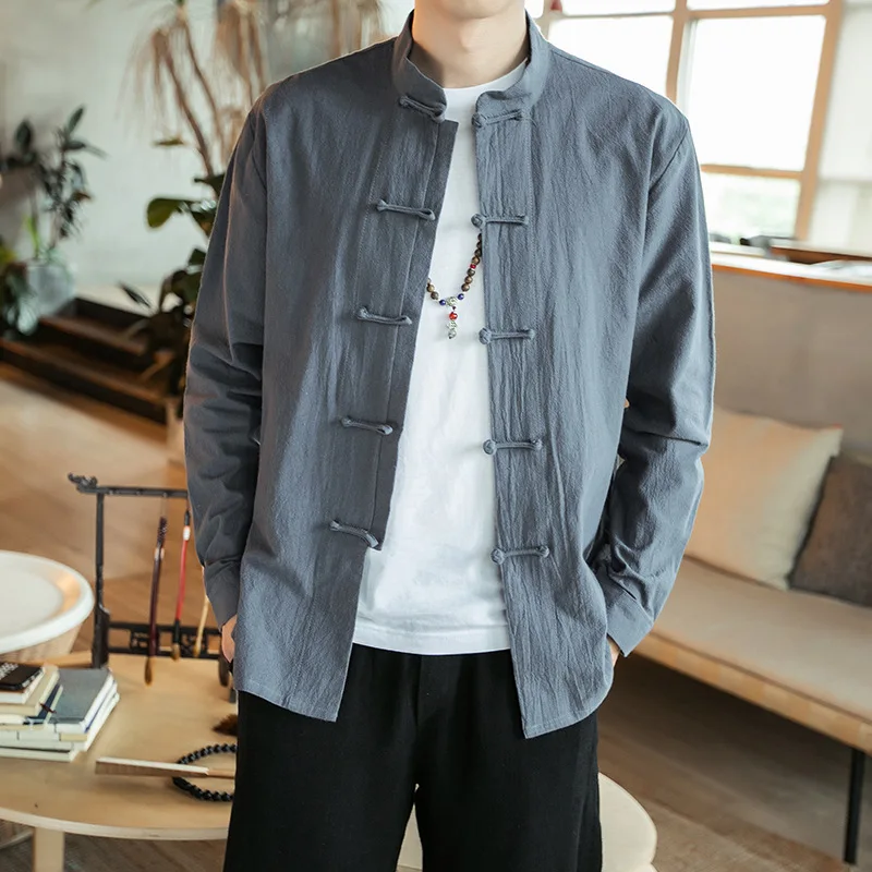 

Spring New Style Retro Chinese-style Men Frog Cotton Linen Shirt Solid Color Slim Fit Stand Collar Linen Shirt Men's