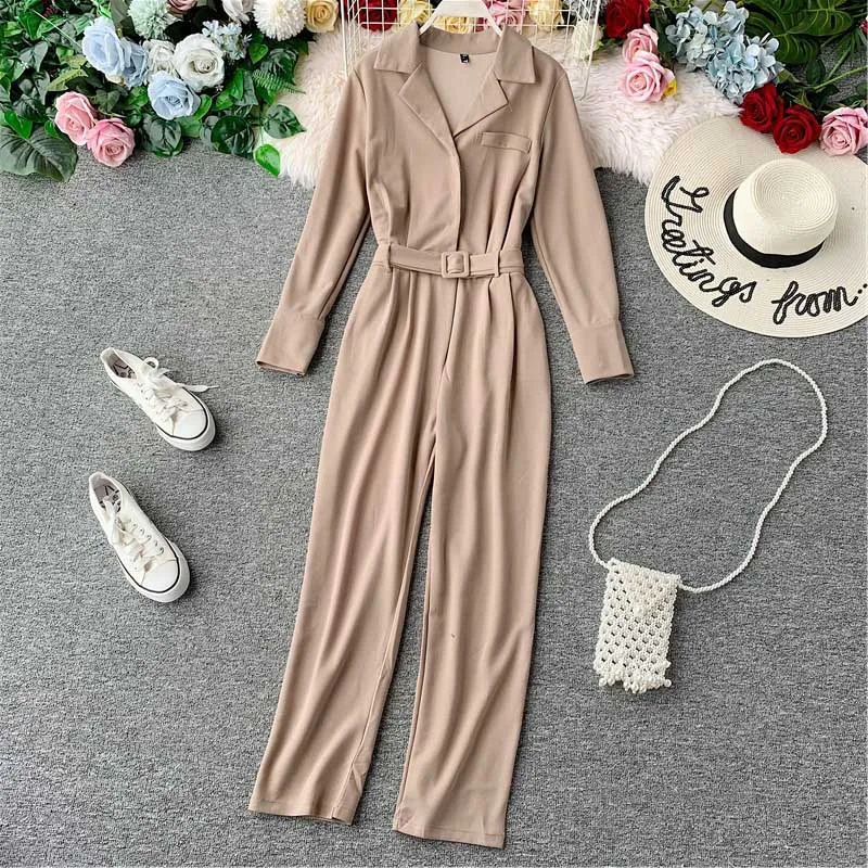 

Office Ladies Ol Romper Blazer Collar Long Sleeve High Waist Chiffon Jumpsuit For Women Blue Yellow Apricot Wide Leg Long Pants