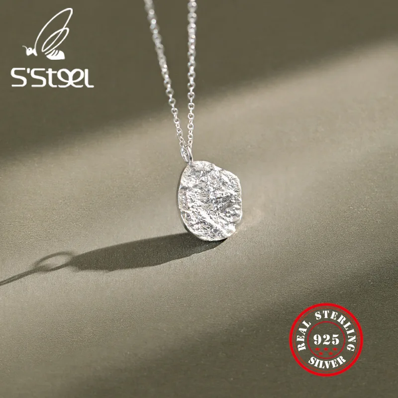 

S'STEEL Real 990 Sterling Silver Necklace For Women Geometric Rock Round Pendant Necklace Female Simple Chain Minimalist Jewelry
