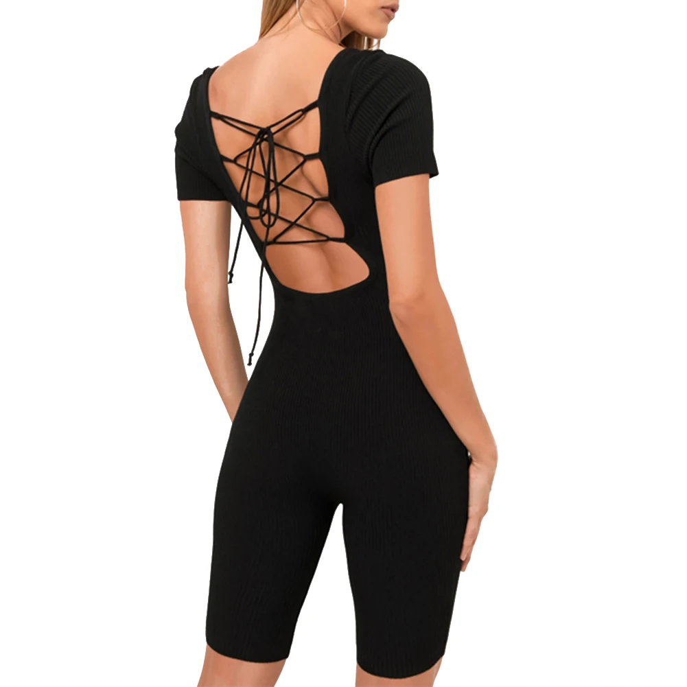 

New Women Ladies Backless Lace-up Jumpsuits Casual Short Sleeve Sports Playsuit Skinny Rompers 2020 Summer Clothes