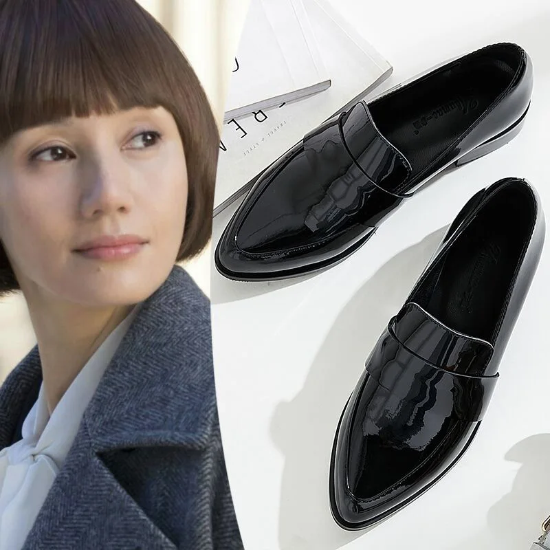 

2019 Autumn New Style Korean-style Chunky-Heel Shoes Women's Pointed Toe Patent Leather WOMEN'S Shoes British Style Retro Small