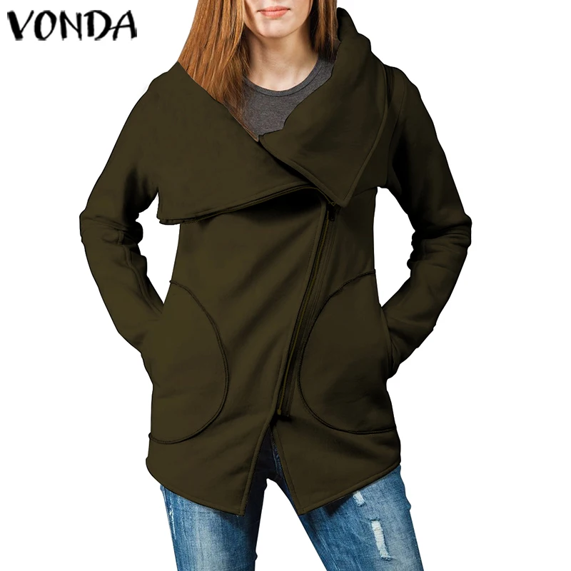 Армейский зеленый Осенне-зимние женские куртки VONDA, Женская Повседневная Свободная кофточка с высоким воротником, однотонные пальто, большие размеры, пальто - Цвет: Армейский зеленый