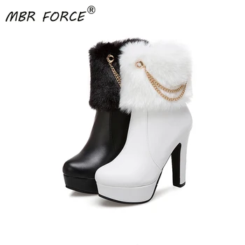 

MBR FORCE 2020 new fashion high quality pu leather super high heels exquisite chain decoration black warm winter ankle boots