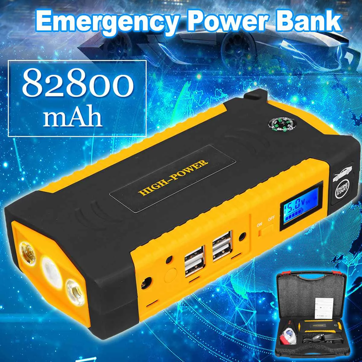 Многофункциональное пусковое устройство 82800mAh 12V 4USB 600A, портативное автомобильное зарядное устройство, пусковое устройство